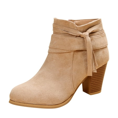 

Luiyenes Ladies Fashion Solid Color Uede Fringe Boots Side Zipper Thick High Heel Short Boots