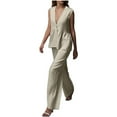 thumbnail image 3 of DDAPJ pyju Business Casual Outfits for Women Cotton Linen 2 Piece Set Deep V Neck Sleeveless Pelpum Tops and Wide Leg Pants Matching Sets Ofertas de la semana Khaki M, 3 of 10