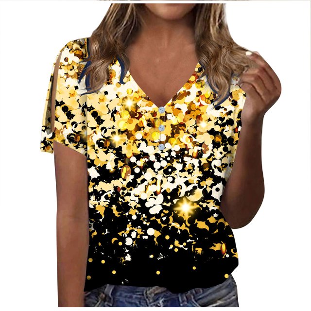 Penkiiy Ladies Tops and Blouses Short Sleeve Loose Fitting Print Spring Plus Size Top Vneck Grandma Shirts Tunic Blouse XL Yellow