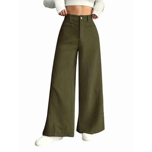 Corduroy Pants for Women Casual High Waisted One Buttoned Stretchy Loose Fit Wide Leg Pants with Pockets Green L