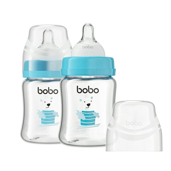 YOHKOH 150ml 5 oz Newborn Glass Baby Bottle Set,Standard Neck,S Nipple,Blue/2 Pk
