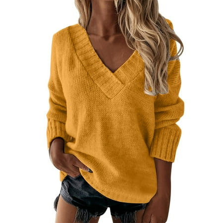 YAYUBA Yellow Loose Sweaters V Neck Long Sleeve Solid Knitted Jumper Pullover Sweatshirt Tops Size L
