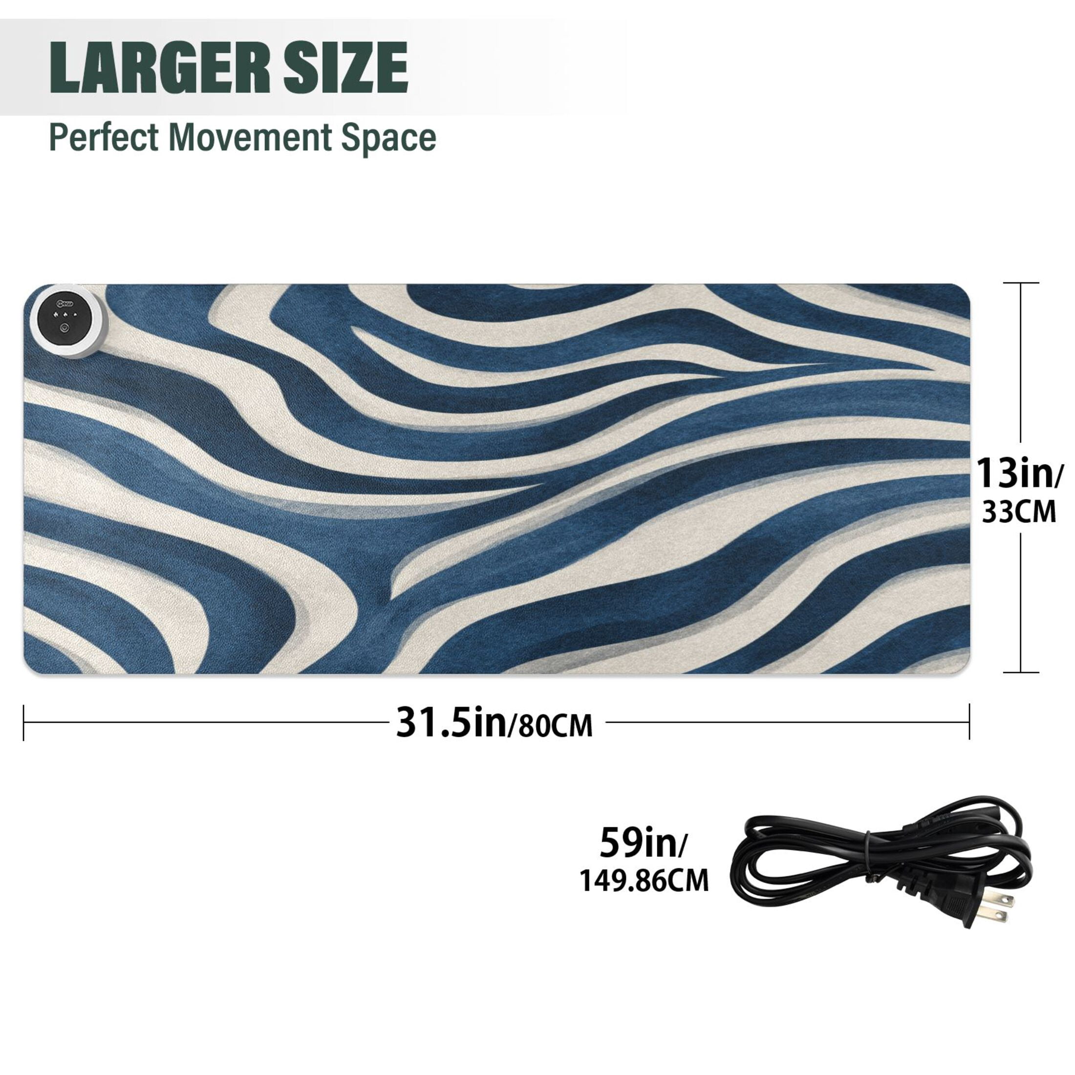 Large Heated Desk Mat Mouse Pad 31.5"x13"PU Leather Graphene Heating Desk Warmer with 3 Temperature Settings 110V US Plug Non-Slip Warm Pad for Home, Office, and Gaming Dark Blue Zebra Stripes