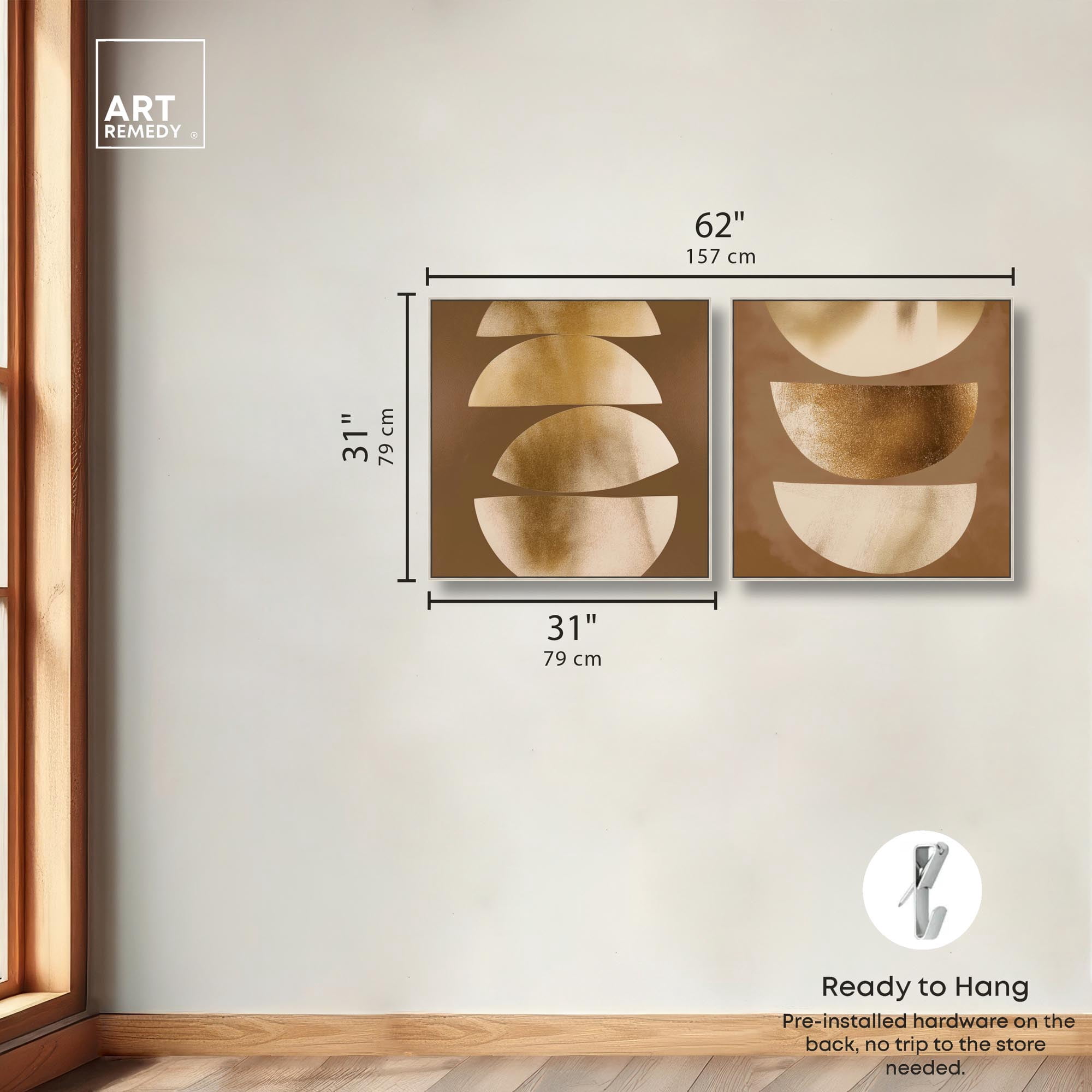 Gold Crescents Diptych Canvas Print Beige Wall Decor Set by Art Remedy, Silver Frame, 30 x 30