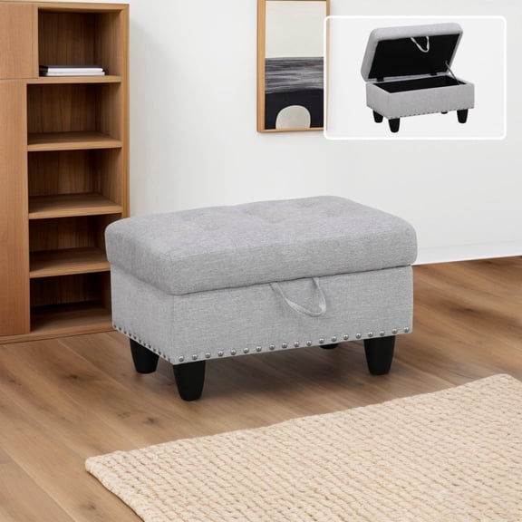 Grey White Flannel Storage Ottoman - Multipurpose Decorative Footrest with Hidden Storage
