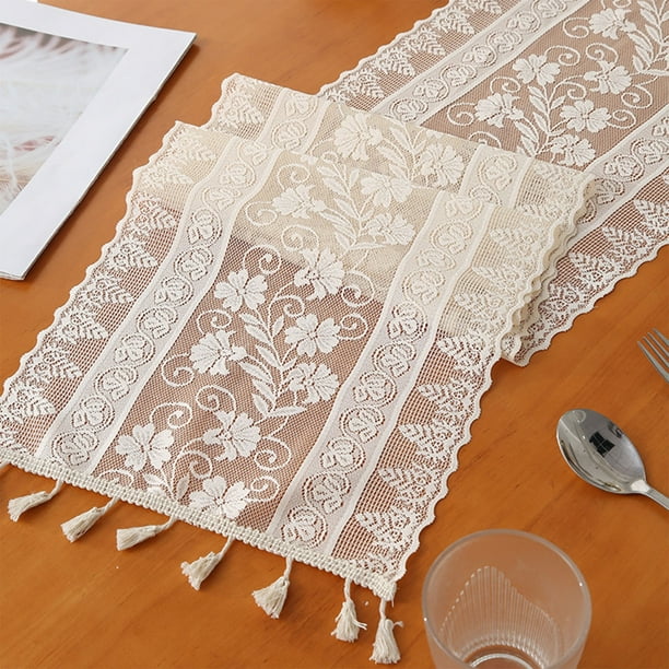 Camino de Mesa de Encaje Blanco, Caminos de Mesa Bordados para Dormitorio, Camino de Mesa con Decoración de Flores Silvestres para Cocina, Decoración de Mesa para Bodas y Fiestas.