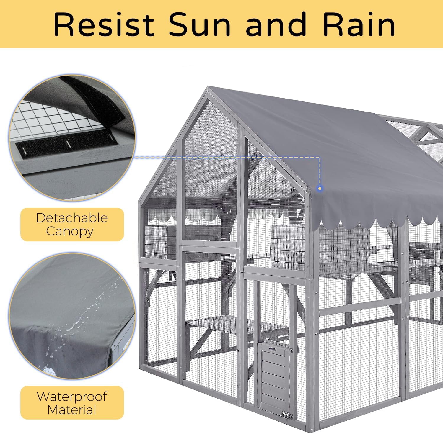Large Catio Outdoor Cat House Enclosure Wooden Cat Cage Kitten Condo for Multiple Pets Walk in, with Bouncy Bridge, Platforms, Small Houses and Weatherproof Roof - 111”x74”x74”