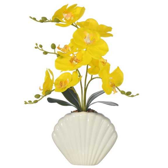 16" Orchid Silk Phalaenopsis in Seashell Pot for Table Dcor Orchid Artificial Flower in Unique Shell Ceramic Pot