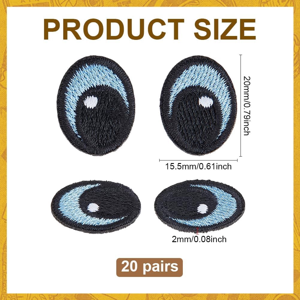 20 Pairs White Black Eyes Iron on Patch Cute Eyes Embroidery