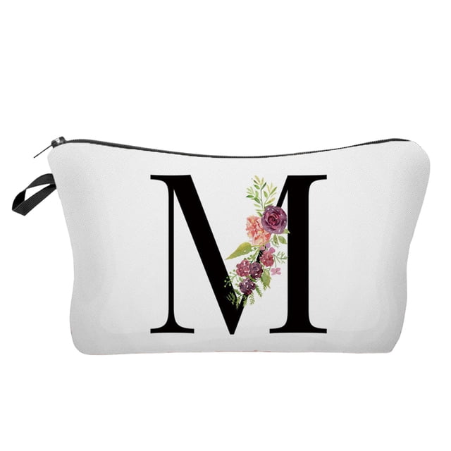 Yhmxh Bolsa de maquillaje con letras y flores, bolsa de cosméticos con letras y alfabeto, bolsa de maquillaje con iniciales, regalo de cumpleaños para mujeres, mamás, amigas, novias, damas de honor.