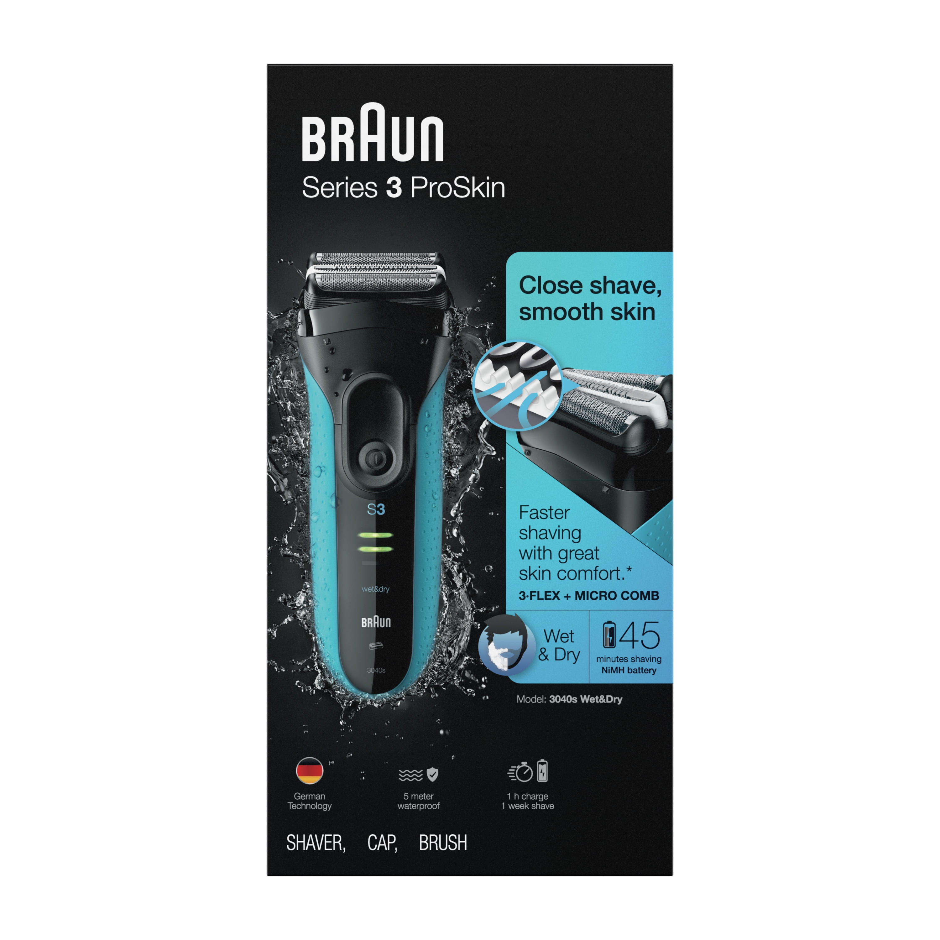 Braun Series 3 ProSkin 3040s Rechargeable Wet Dry Men's Electric Shaver with Precision Trimmer