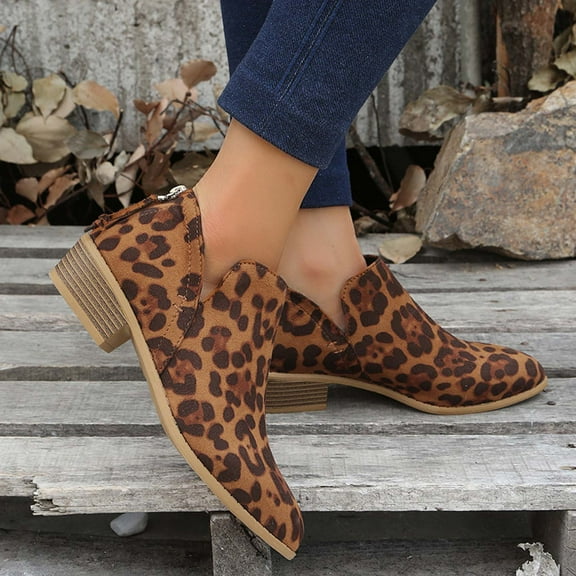 Wavsuf Western Boots for Women Short Ankle-High Low Heel Winter Leopard Coffee Shoes Size 36