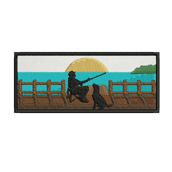 Fishing Man with his Dog 4" W x 1.5" T Iron/Sew On Decorative Patch Travel Souvenir