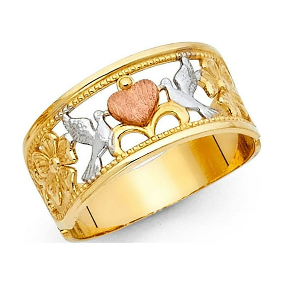 14k Tri Color Tone Solid Italian Gold Flower Dove & Heart Ring 9mm