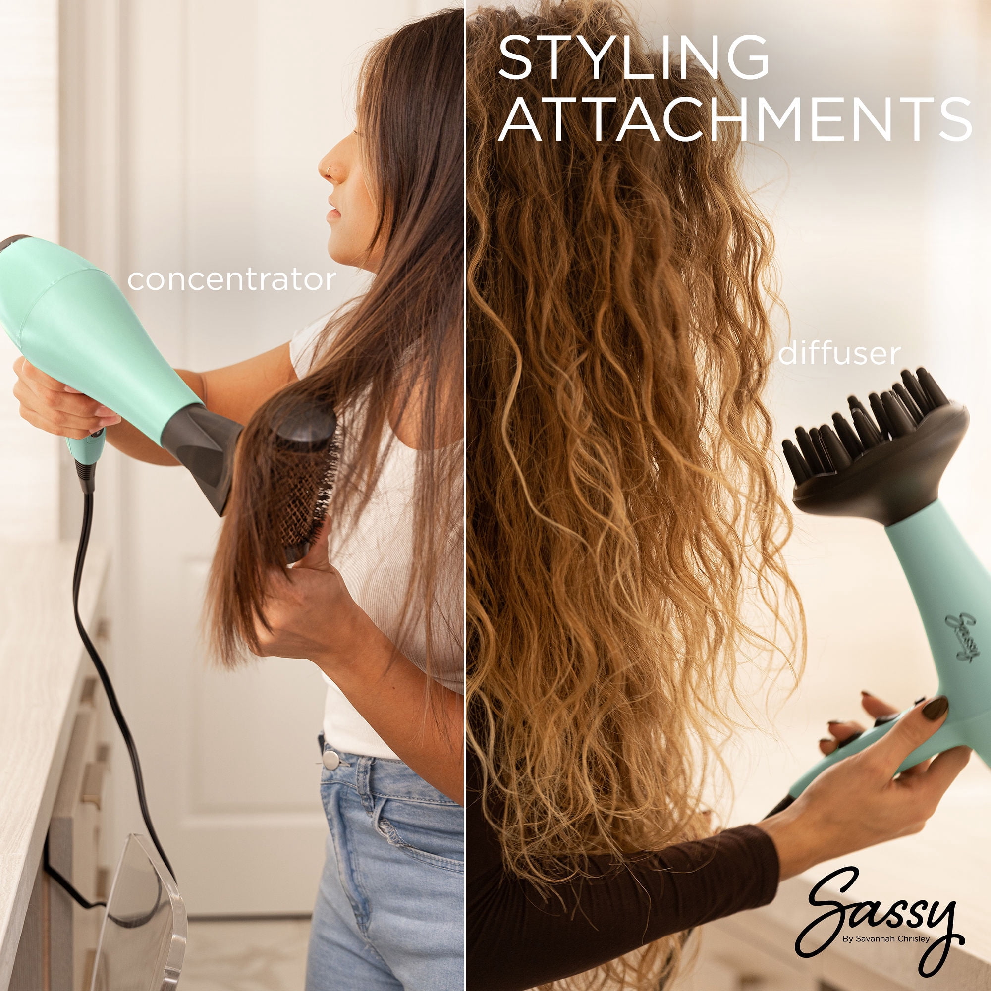 Sassy Ceramic Ion Hair Dryer, 1875-Watt Salon Dryer with Concentrator and Diffuser Green