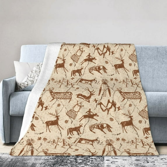 DouZhe Ultra-Soft Micro Fleece Lightweight Flannel Bed Blanket, Central Asian Rock Paintings Print Cozy Warm Throw Blankets, 60"x50"