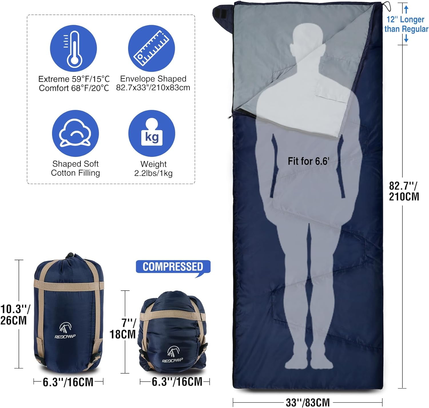 REDCAMP Ultra Light Weight Sleeping Bags for Adults, Zippered Compact Summer Sleeping Bags with Compression Sack for Backpacking Camping Hiking Travel, Navy Blue