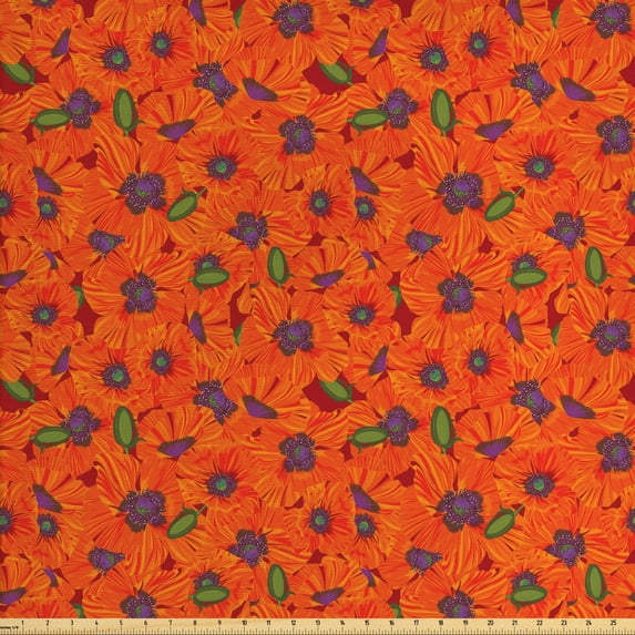 Floral Fabric by the Yard Upholstery, Warm Tones Poppy Flowers Illustration, Decorative Fabric for DIY and Home Accents, Burnt Sienna Eggplant by Ambesonne