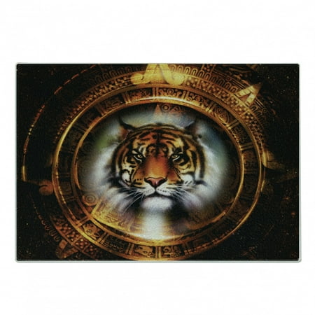 

Tiger Cutting Board Mayan Calender Design with Big Hunter Head Wise Feline Old Cultures Decorative Tempered Glass Cutting and Serving Board Small Size Dark Orange Black by Ambesonne