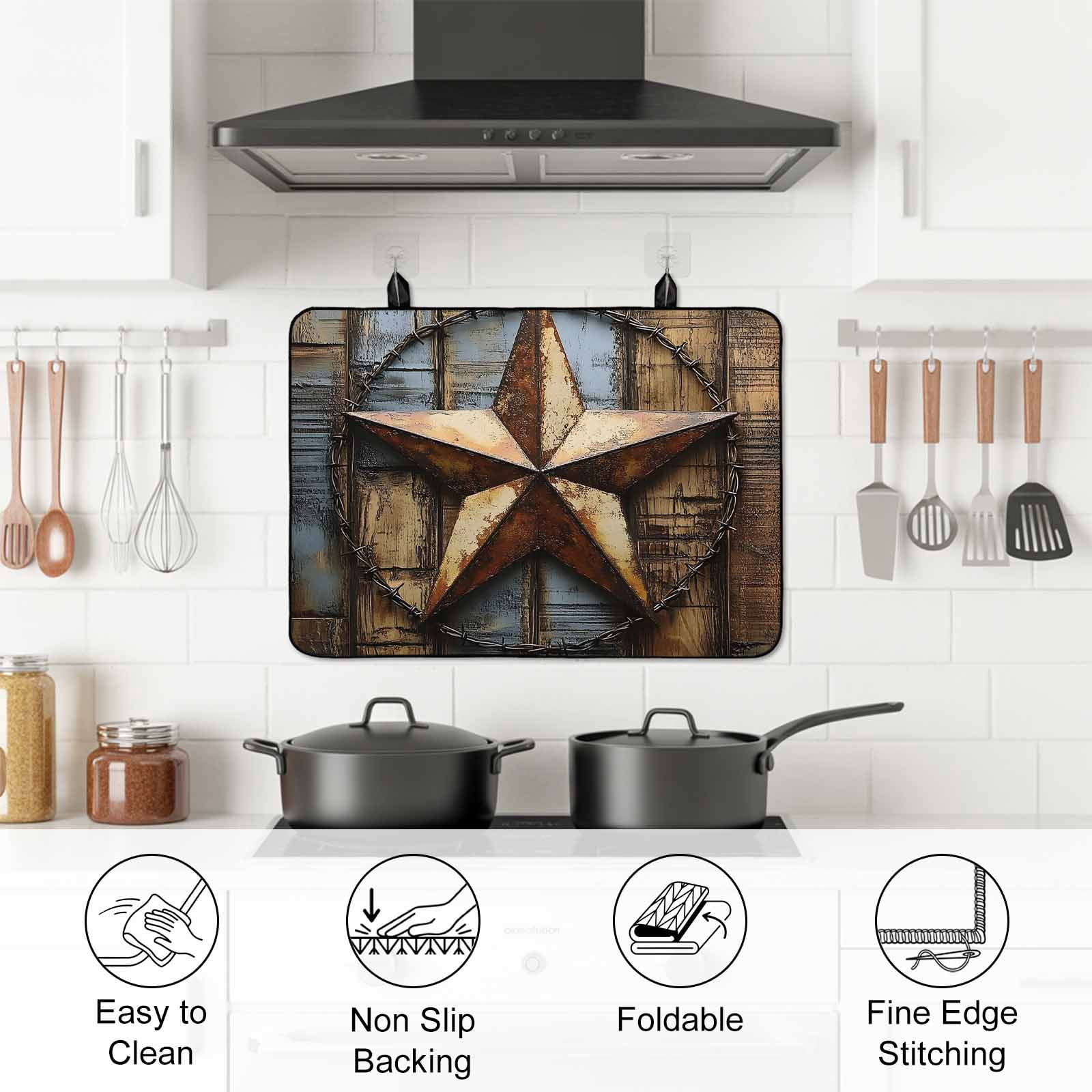 Rustic Star Brown Stove Top Cover for Electric Stove, Heat-proof & Non Slip Glass Top Stove Cover Protector, Vintage Farmhouse Wooden Grain Art Kitchen Flat Cooktop Rubber Mat 24x21 Inches