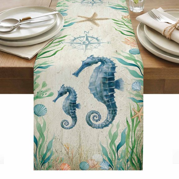 Seahorse Coastal Table Runner - 48 Inch Long, Kitchen Dining Table Runner Dresser Scarves, Vintage Nautical Ocean Starfish Compass Farmhouse Decor for Coffee Tables Wedding Party Banquet