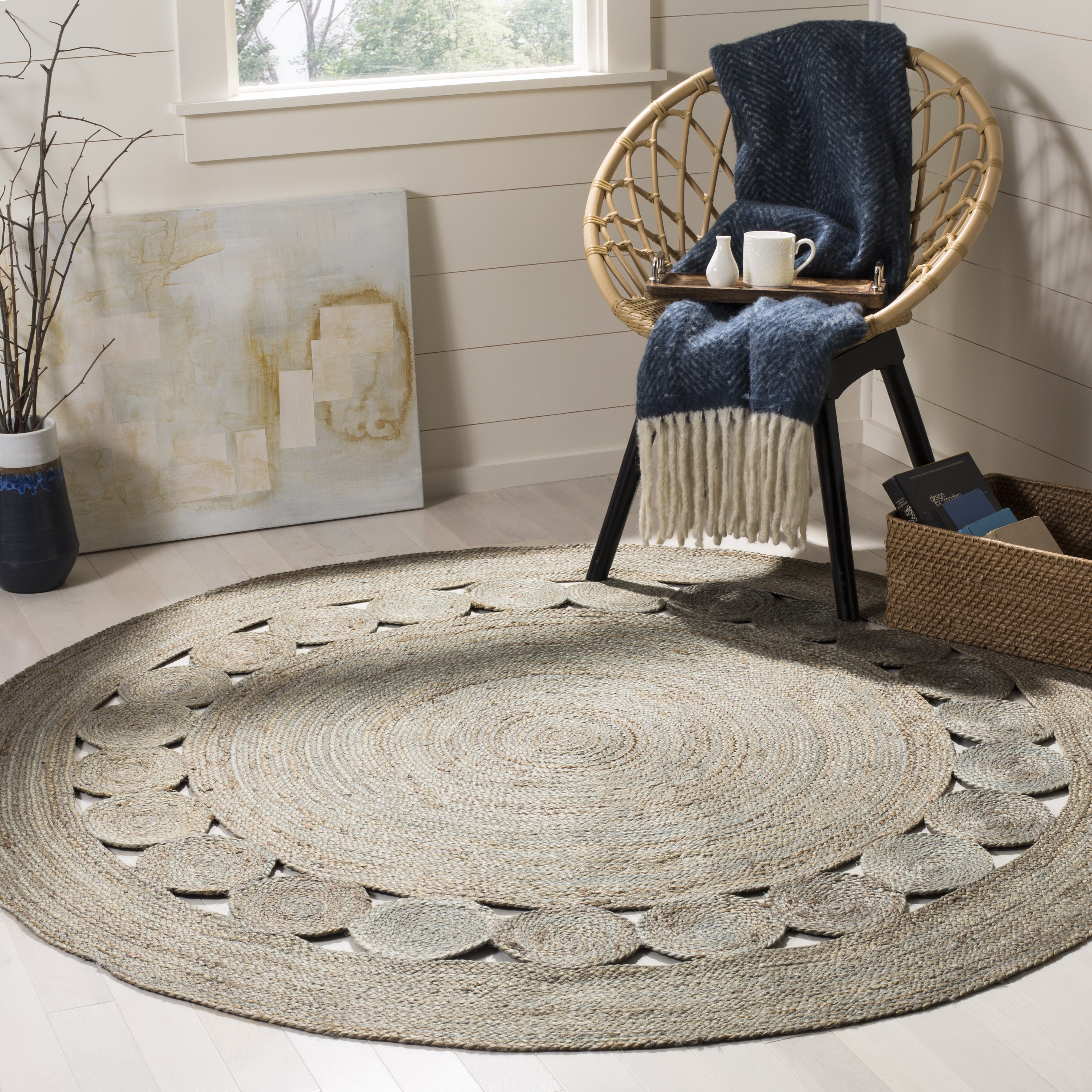SAFAVIEH Natural Fiber Morgan Braided Jute Area Rug, Grey, 6'6" x 6'6" Round