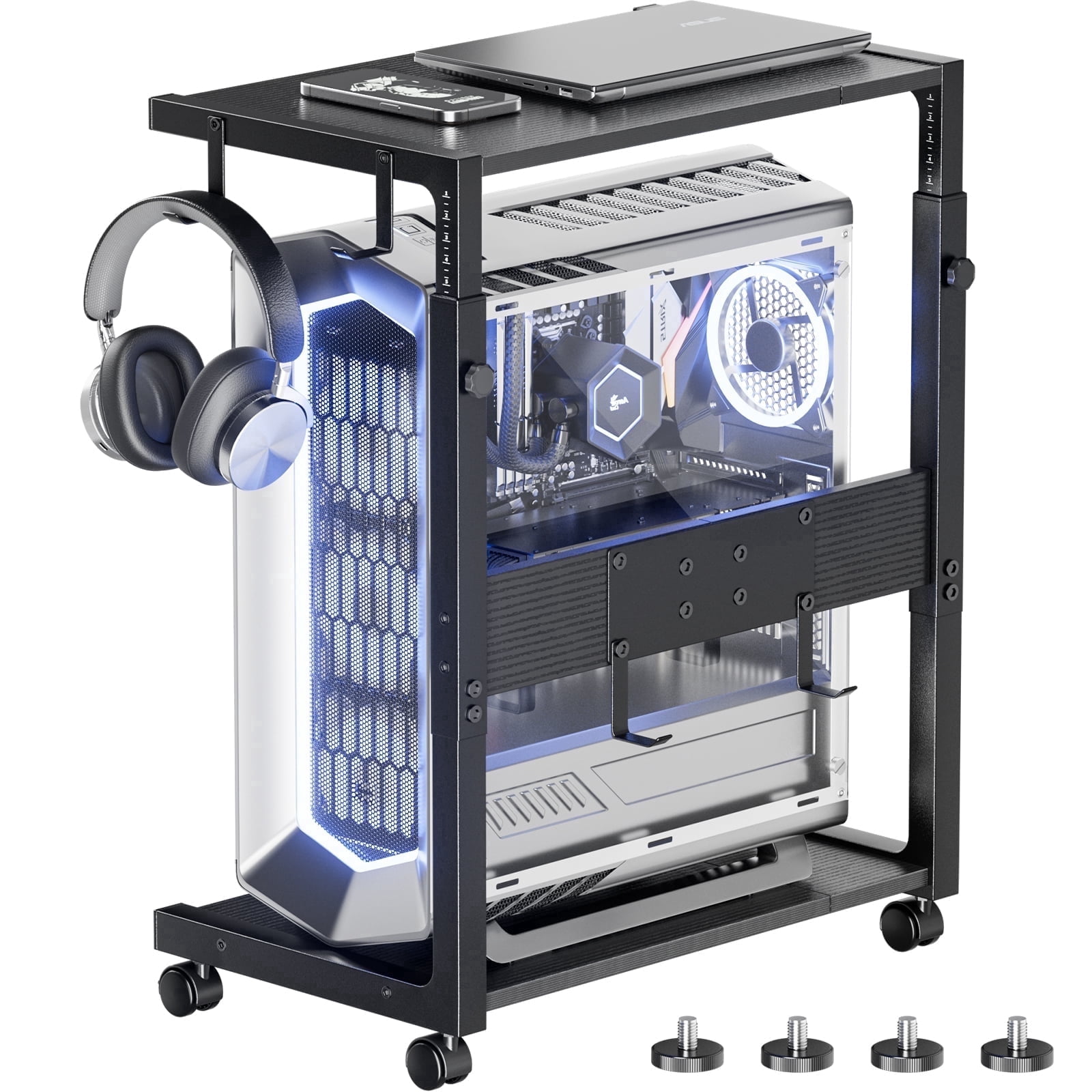 Adjustable Rolling Computer Tower Stand CPU Holder Cart for Gaming Office Home Height 23" to 28.3"