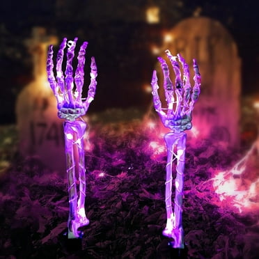 Fohil Halloween Decorations, 2 Pack Halloween Lighted Skeleton Hands Arm Stake 48 LED Purple Lights Battery Operated Outdoor Waterproof Halloween Garden Lights for Garden Lawn Halloween Party Decor
