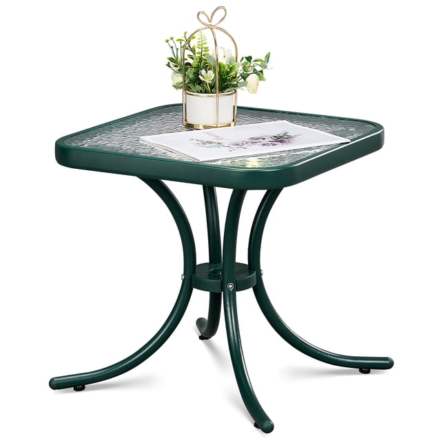 Ktaxon 18" Square Outdoor Side Table with Tempered Glass Top, Ripple-patterned Courtyard Glass Table, Black