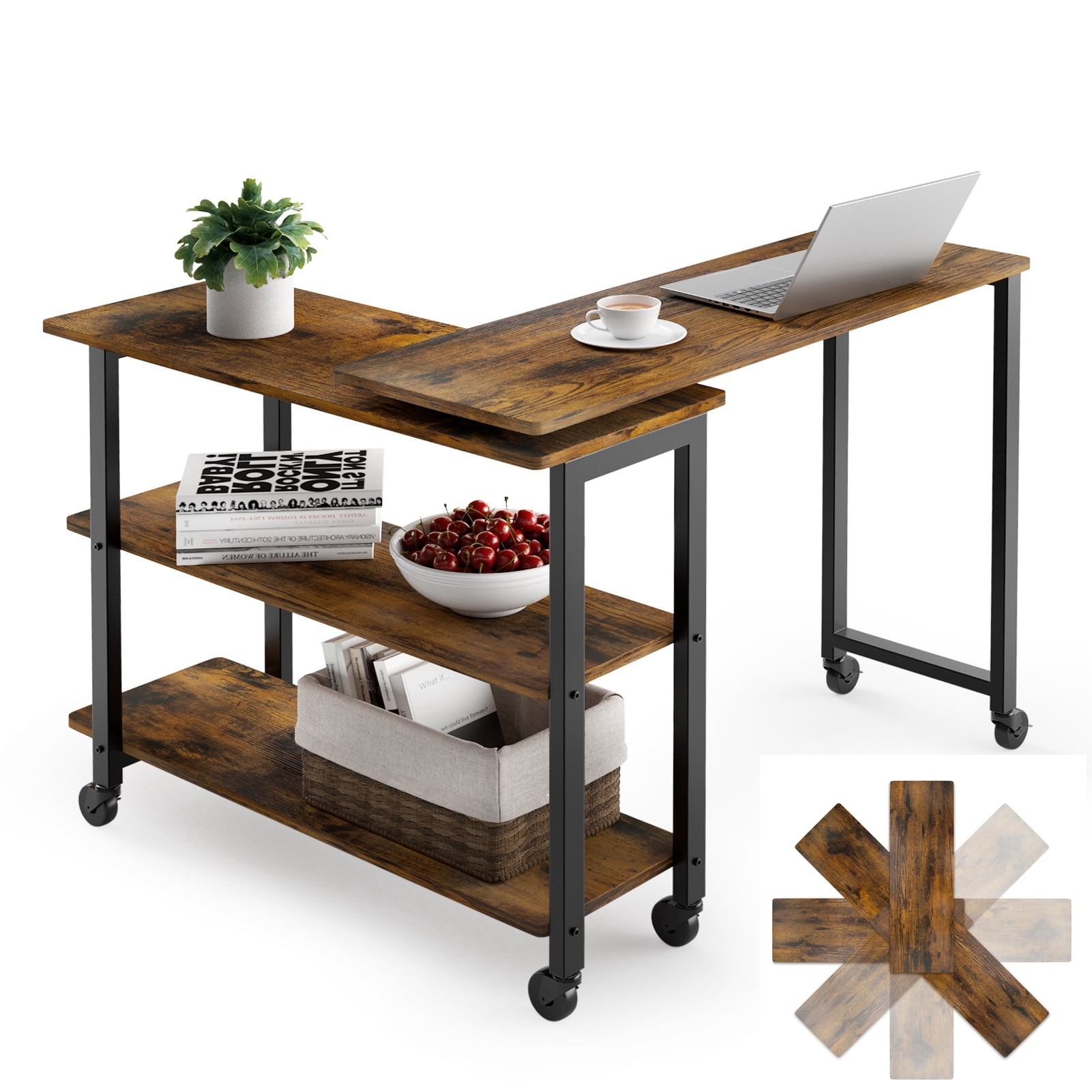 Coromose Rotatable LShaped End Table with Storage Shelves, Movable