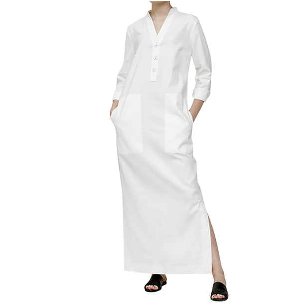 Vestido Largo Con Bolsillos de Manga Larga Con Botones de Verano Informal Con Cuello en V Para Mujer Odeerbi ODB113884