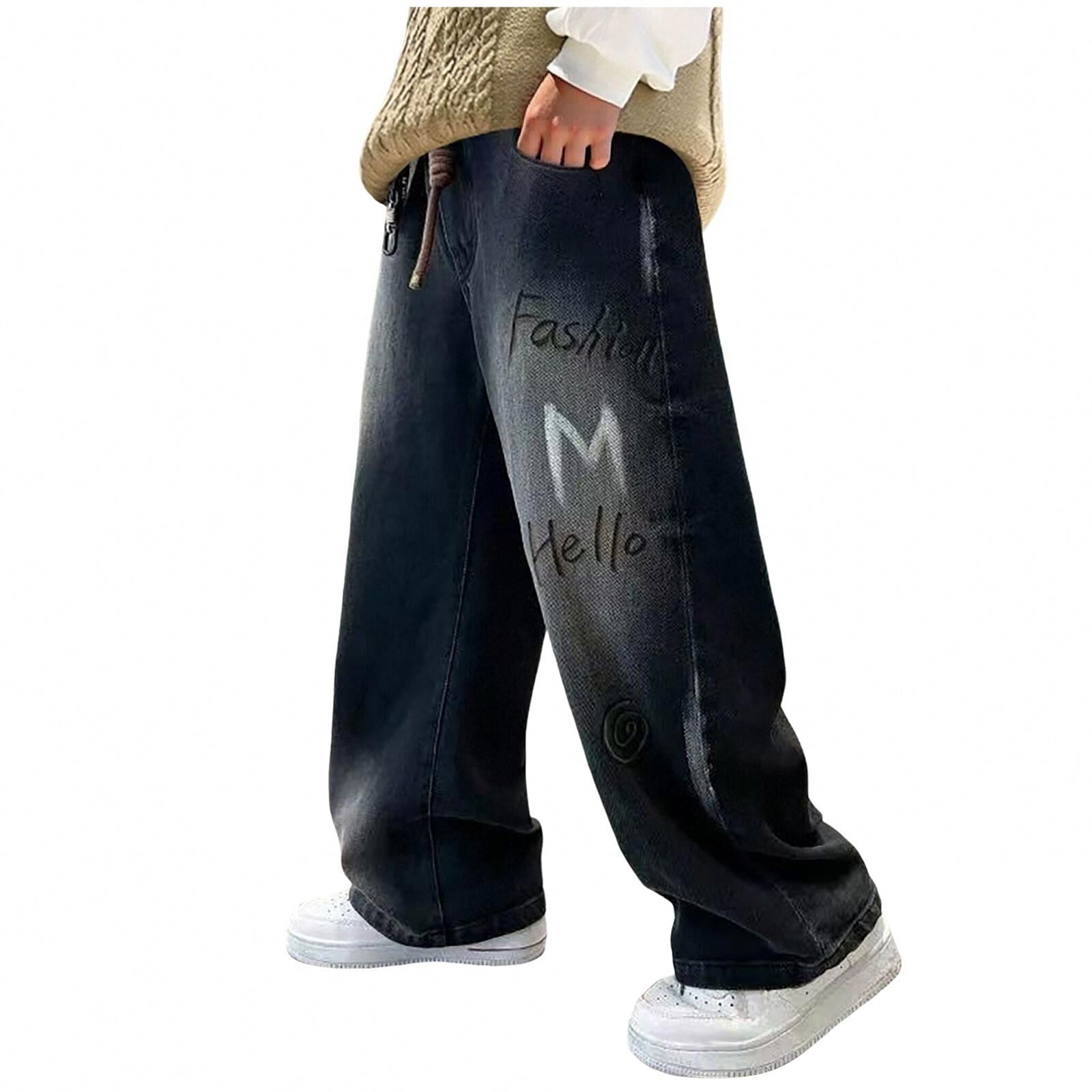Quealent Boys Casual Straight Leg Baggy Jeans Kids Elastic Waist Loose Denim Pants with Pockets 5-14 Years Black for Size 15-16 Years