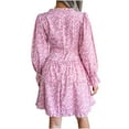 thumbnail image 3 of ClodeEU Womens Long Sleeves Chiffon Print Mini Dresse,V-Neck Pleated Spring Summer Dress Pink,Womens Plus XL, 3 of 5