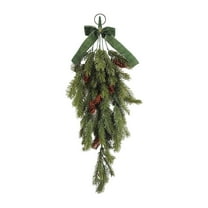 Christmas Teardrop Swag with Velvet Bow, 27.5 Inch Artificial Pine Greenery Garland with Pine Cones, Rustic Holiday Hanging Decor for Front Door, Mantle, Wall, Indoor Outdoor Home Decor