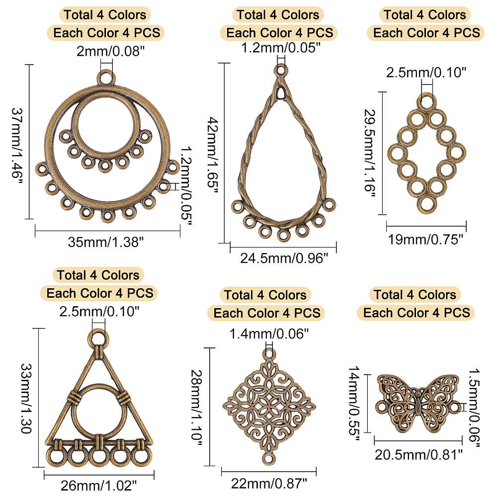 1 Set DIY Earring Kits Alloy Pendants and Links Mixed Color 37x35x1.5mm Hole: 1.2mm