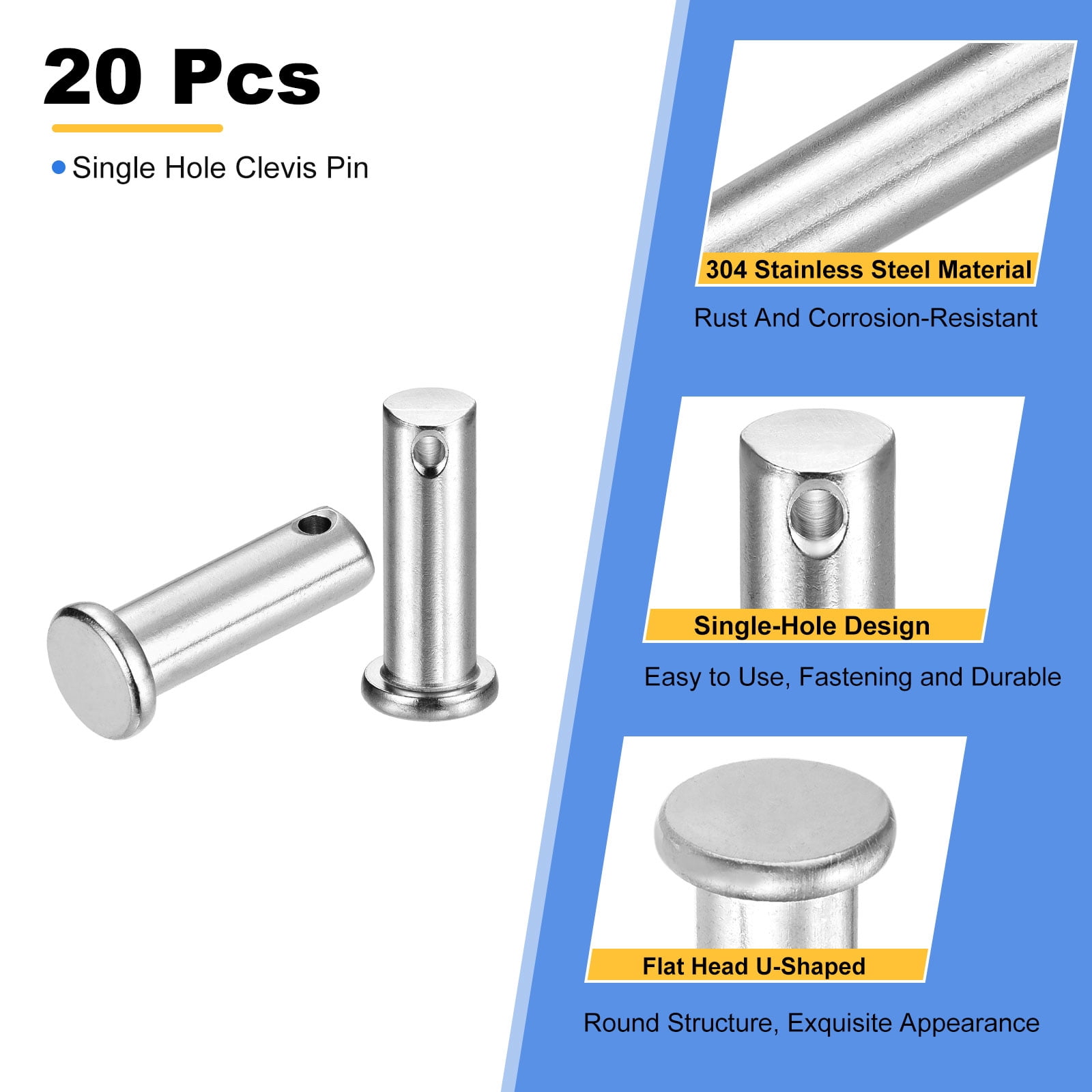 20Pcs M10 x 30mm Single Hole Clevis Pins, 304 Stainless Steel Flat Head Pin