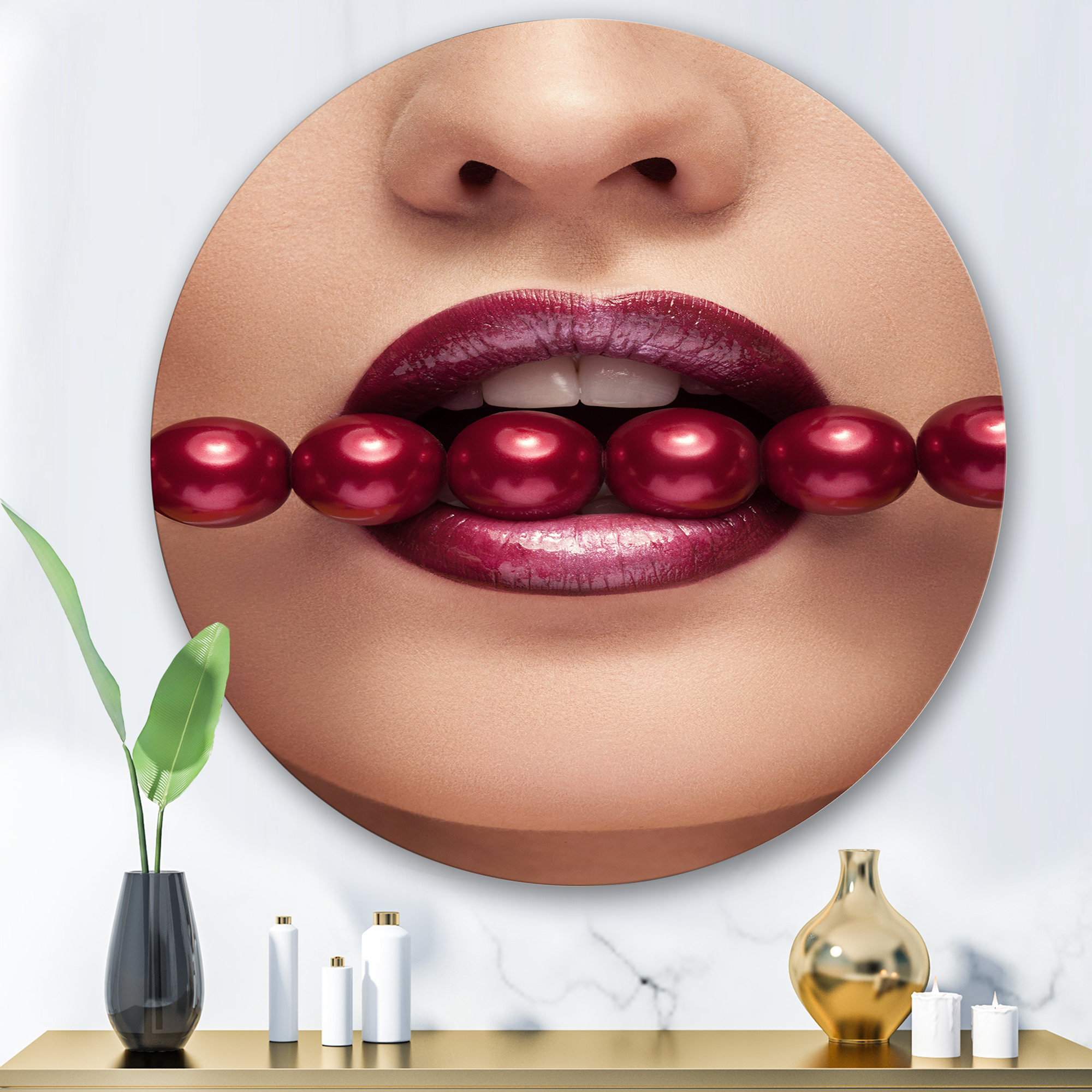Designart 'Girl With Red Pearls In Mouth In A Sensual Pose' Modern Circle Metal Wall Art 29x29 - Disc of 29