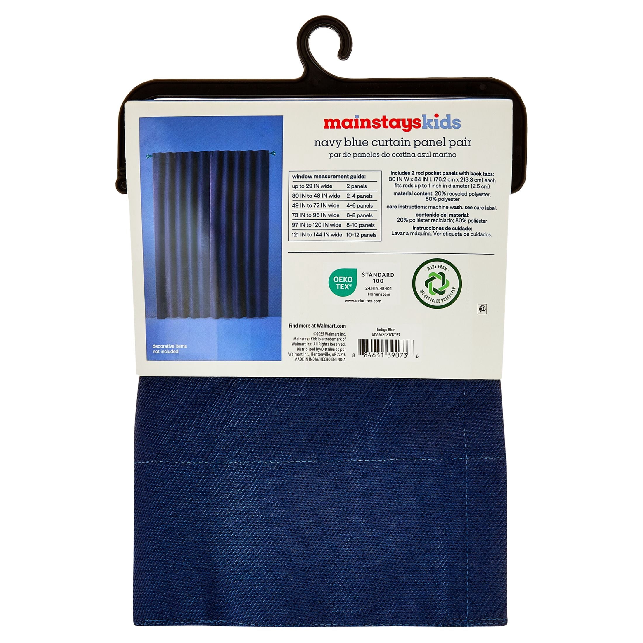 Mainstays Kids Navy Blue Solid Blackout Rod Pocket with Back Tabs Curtain Panel Pair, Set of 2, 30" W x 84" L