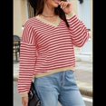 thumbnail image 4 of Suéter de Rayas de Larga para Mujer, Cuello en V, Bloque de Color, Punto Suave, Jersey de Moda Rojo y XXL, 4 of 8