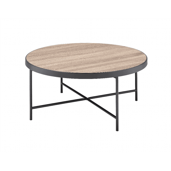 Industrial Round Coffee Table with Metal Finish and Crossbar Support for Living Room