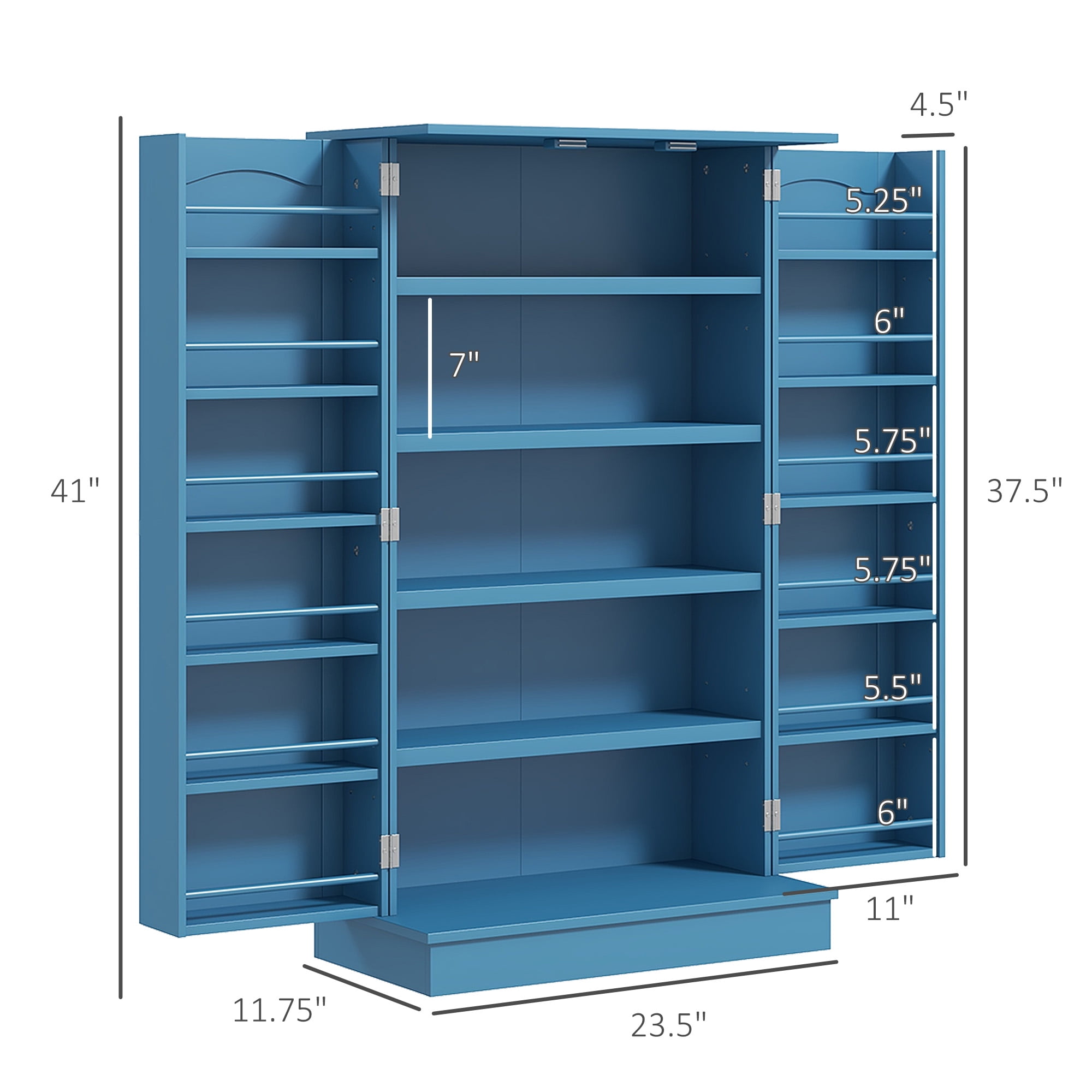 HOMCOM 41" Kitchen Pantry, 2-Door Kitchen Cabinet with 5-tier Storage Shelving, 12 Spice Racks and Adjustable Shelves for Dining Room, Blue
