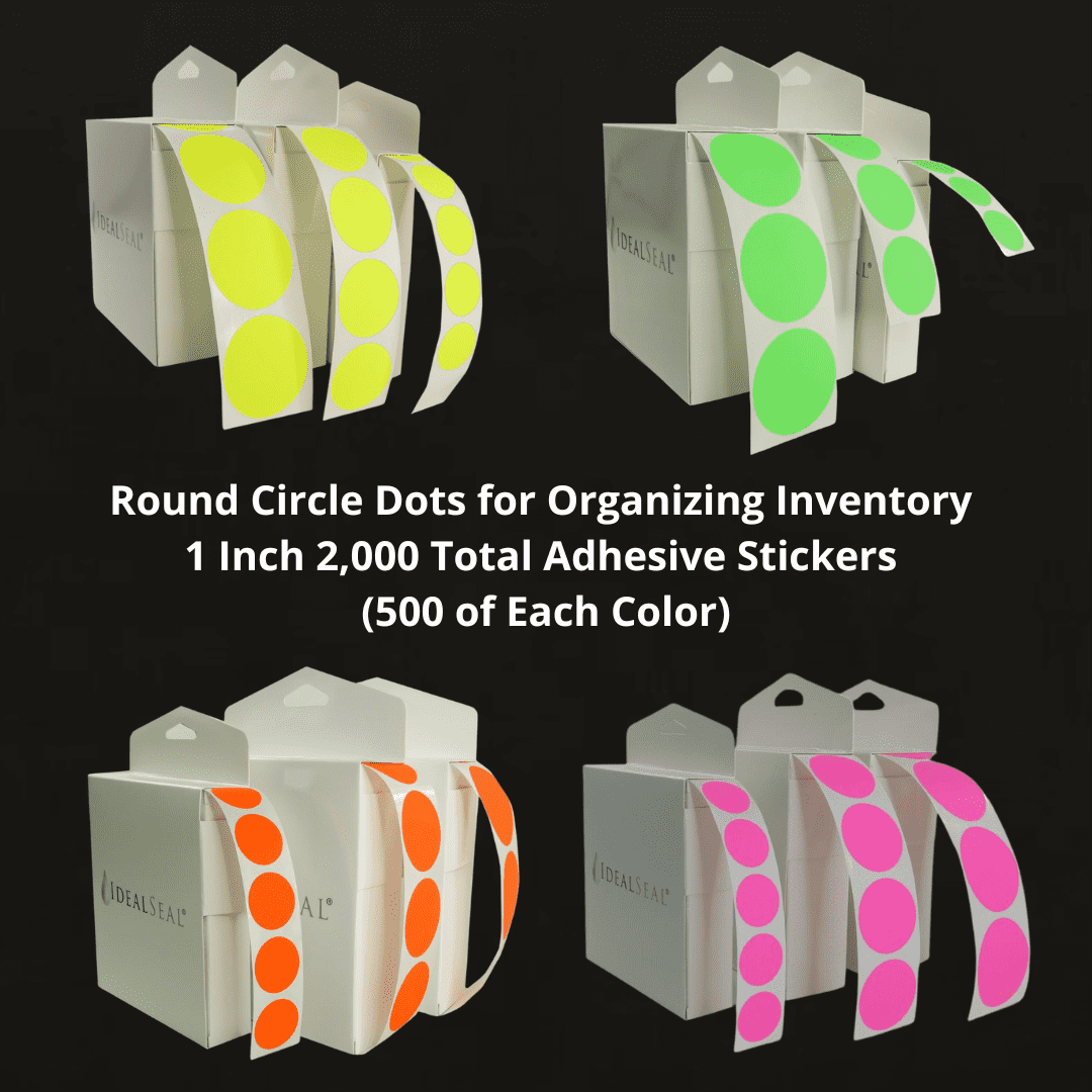 Color Coding Labels Super Bright Fluorescent Neon Yellow, Green, Orange & Pink Round Circle Dots For Organizing Inventory 1" 2,000 Total Adhesive Stickers (500 of each color)