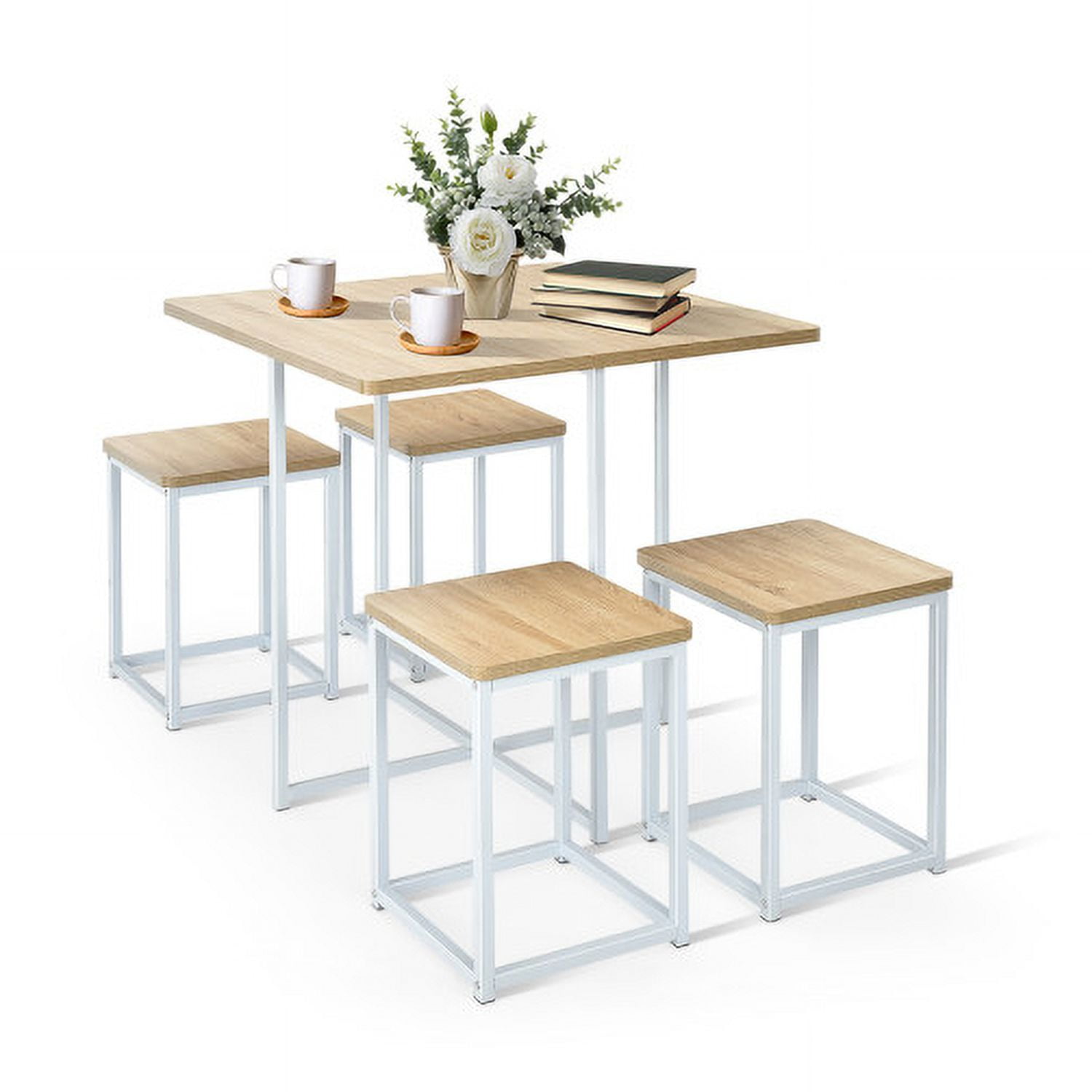 Finihen Dining Set, Dining Table Set, 5 Pieces Metal Frame Dining Set with Compact Dining Table and 4 Stools, for Home, Restaurant, Natural Finihen Dining Set, Dining Table Set, 5 Pieces Metal Frame Dining Set with Compact Dining Table and 4 Stools, for Home, Restaurant, Natural