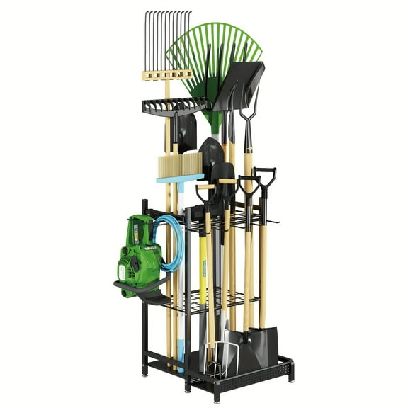 Heavy-Duty Metal Garden Tool Organizer for Garage/Outdoor - Multi-Hook Yard Tool Stand Holder with Adjustable Feet, Black - Stores Broom, Shovel, Rake, & Long-Handled Tools