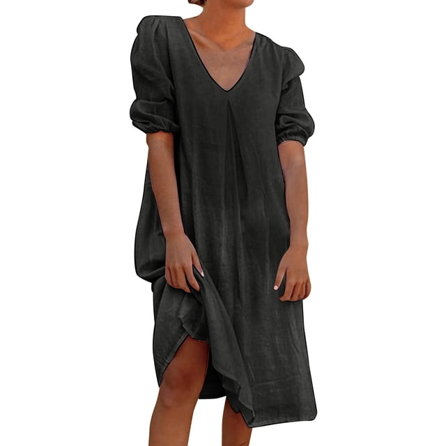 Vestido informal de verano para mujer, de color liso, con cuello en V y manga media - Túnica holgada larga, poliéster, transpirable, tallas S-XXL, ropa de playa/diaria/de fiesta