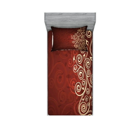 Ambesonne Burgundy Fitted Sheet & Pillow Sham Set, Ombre Flower Swirl Ivy, Twin, Cream Ruby