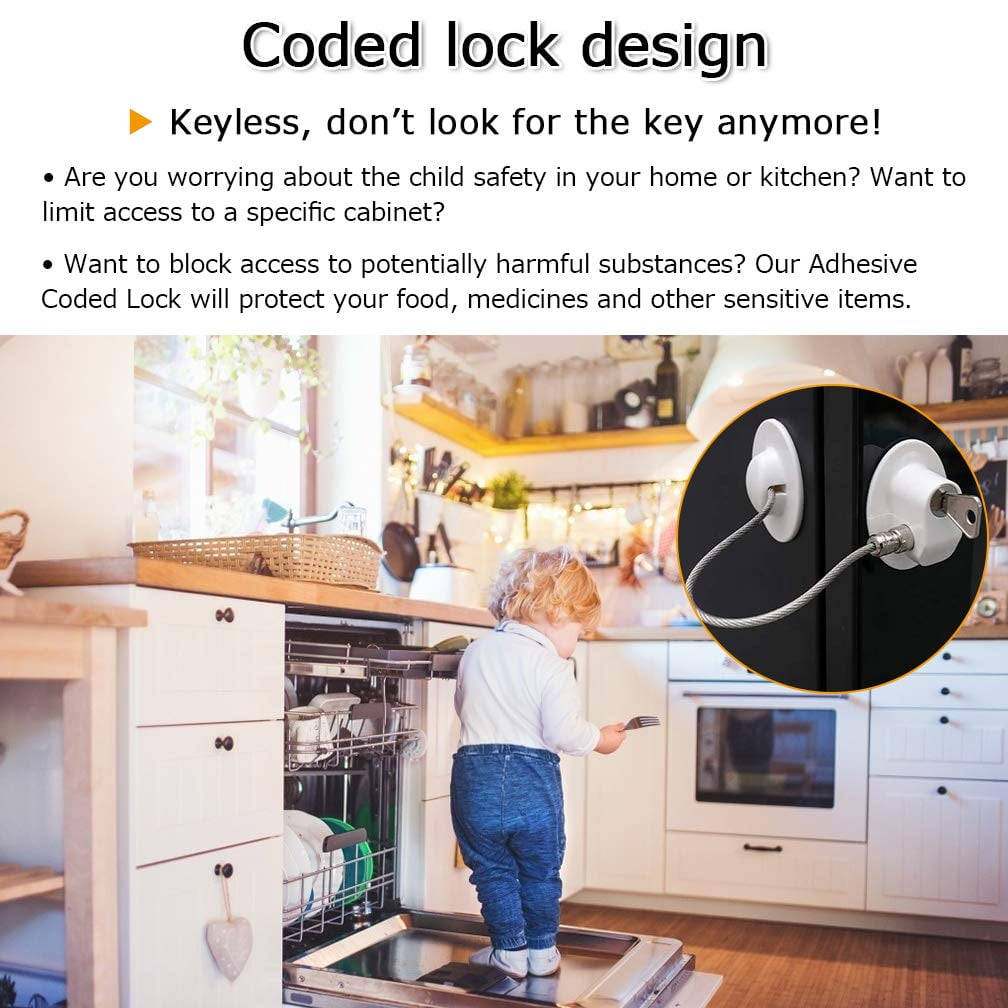 Viaky 2 Pack Child Safety Cabinet Lock for Refrigerator Fridge Door Freezer Furniture Window Safe Lock with Dial Code Digit Password, Free 6 Extra Adhesive Pads for Coded Lock, No Drilling (White)