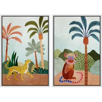 IDEA4WALL Framed Canvas Print Wall Art Set Wild Tropical Jungle Safari Cheetah & Monkey Digital Art Decorative Bohemian Colorful Chic Artwork for Living Room, Bedroom, Office - 16"x24"x2 White