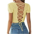 thumbnail image 4 of XFLWAM Women's Lace Crochet Crop Top Hollow Out Short Sleeve Sweater Ribbed Knit Top Yellow S, 4 of 4
