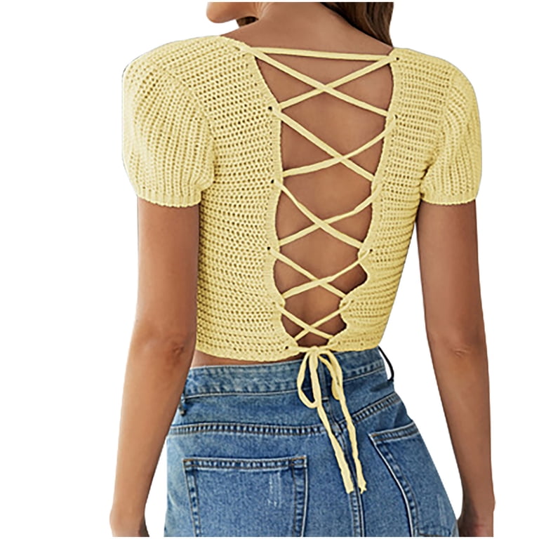 XFLWAM Women's Lace Crochet Crop Top Hollow Out Short Sleeve